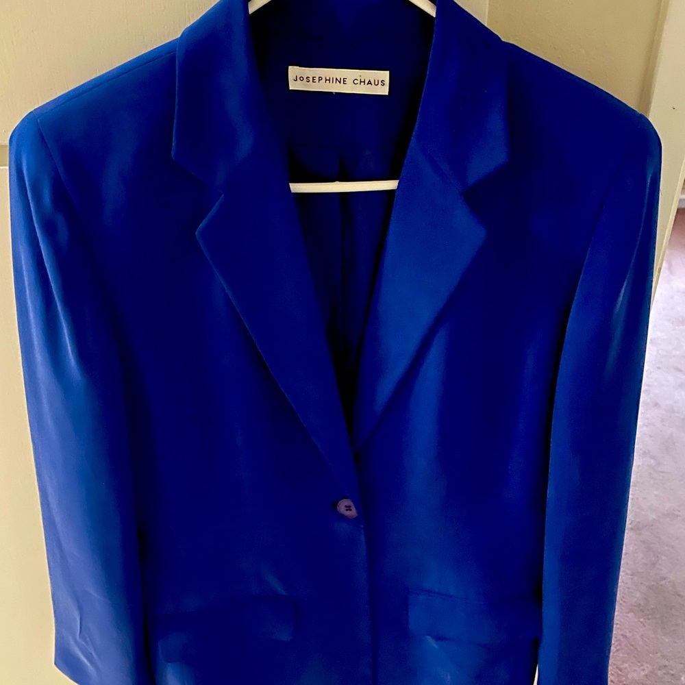 Ladies Royal Blue silk one button long jacket.